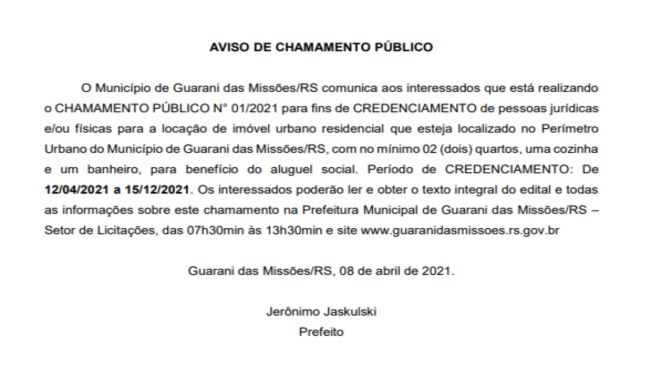 AVISO DE CHAMAMENTO PÚBLICO