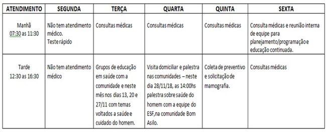 Agenda ESF Santa Tereza: Mês de Novembro de 2018